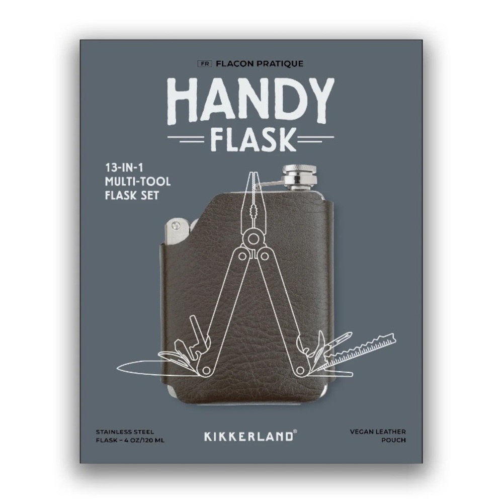 Kikkerland SS handy flask set-4oz/13-in-1 multi-tool in vegan leather pouch-NIB